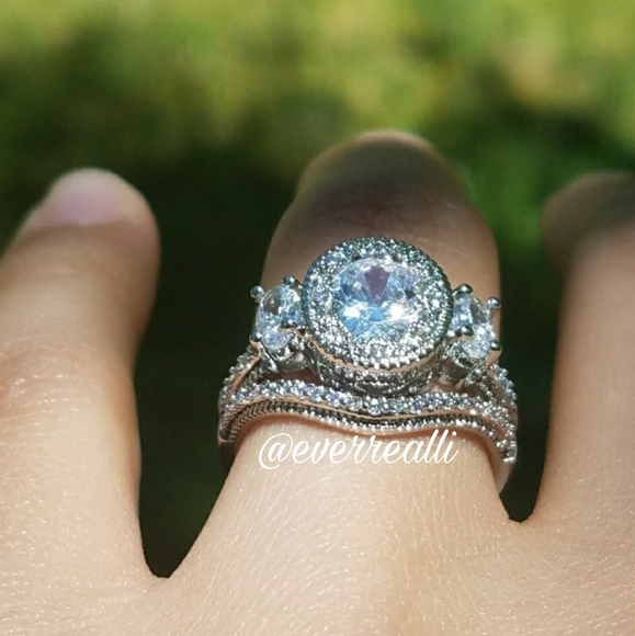 Silver Three Stone Oval Cut Fancy Halo Diamond Ring - Picture 5 of 8